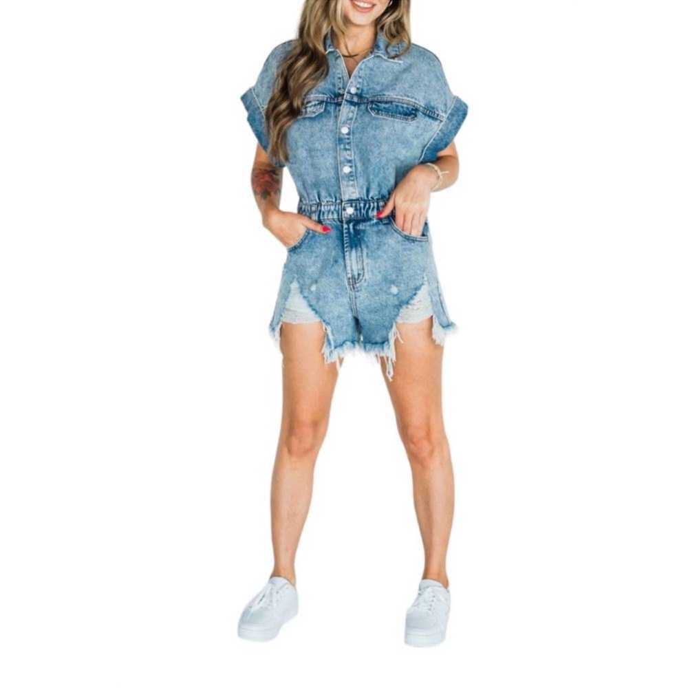 Idem ditto distressed blue jean romper. Size small - Picture 3 of 5